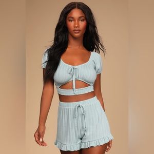 Lulu’s Cute and Cuddly Light Blue Pointelle Ruffled Lounge Shorts
